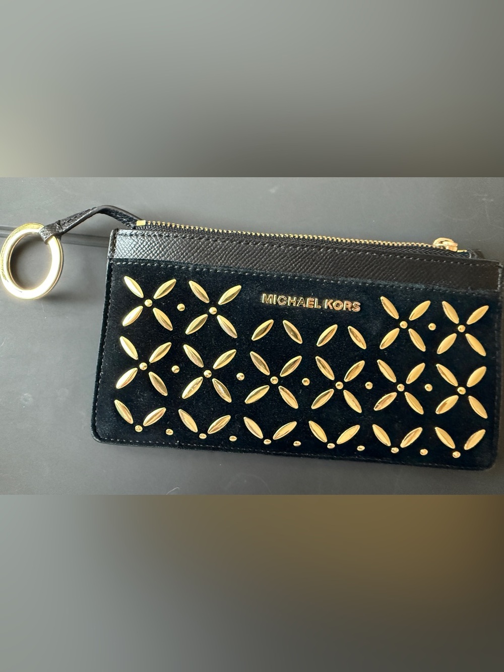 Michael Kors Black Velvet Wallet Card case with Gold Stud Flower Motif NWOT